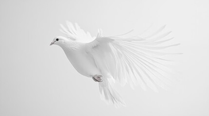 Serene flight of a white dove against a soft, minimalist white backdrop
