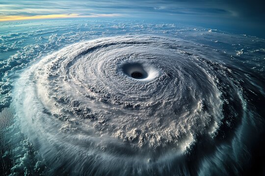 Powerful hurricane displays impressive eye and swirling clouds from aerial perspective