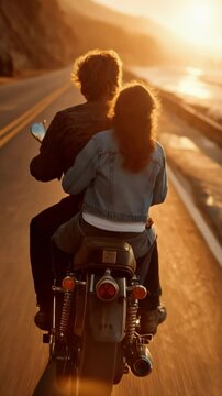 Couple riding a motorcycle along a coastal road at sunset, warm golden light reflecting on the pavement, freedom and connection on a scenic journey &mdash; Generative AI