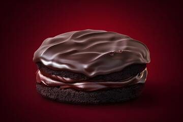 Close-up view of a rich dark chocolate cake.