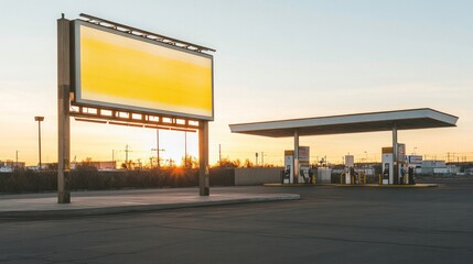 Fototapeta premium A yellow billboard is in front of a gas station