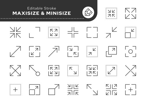 Maxisize and minisize line icon set. Maximum and minimum size, scalability, scale, scalable resize, scaling, reduce and increase, stretch and more. Outline vector icon. Pictogram collection	