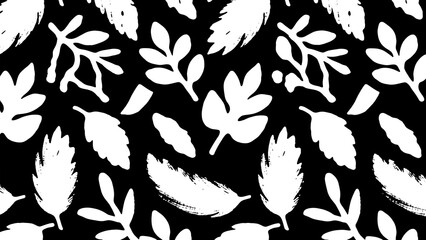 Elegant Monochrome Botanical Seamless Pattern White Leaves and Branches on Black Background, Perfect for Fabric, Wallpaper, and Design Projects