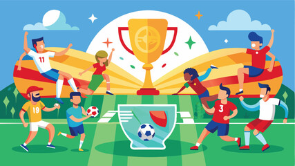 Vector illustration depicting a vibrant soccer celebration with players and a trophy in a festive sports stadium setting
