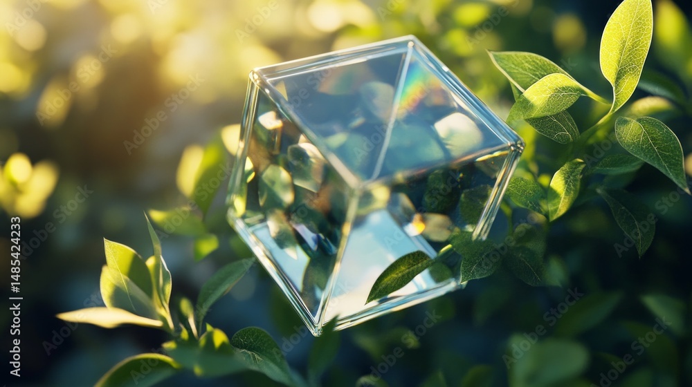 Poster a cube is floating in a field of green leaves