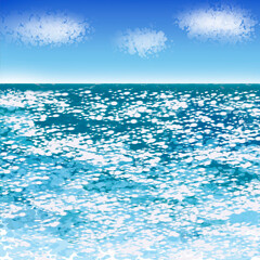 A raster painting in the impressionist style, painted with an artistic brush: the shining surface of the sea and the sky with clouds on a fine sunny day.