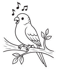 Coloring book parakeet sits on a leafy branch with its beak open, singing musical notes that float above its head. 