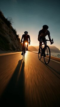 Two cyclists riding along a coastal road at sunrise, casting long shadows on the asphalt, intense motion and endurance &ndash; Generative AI