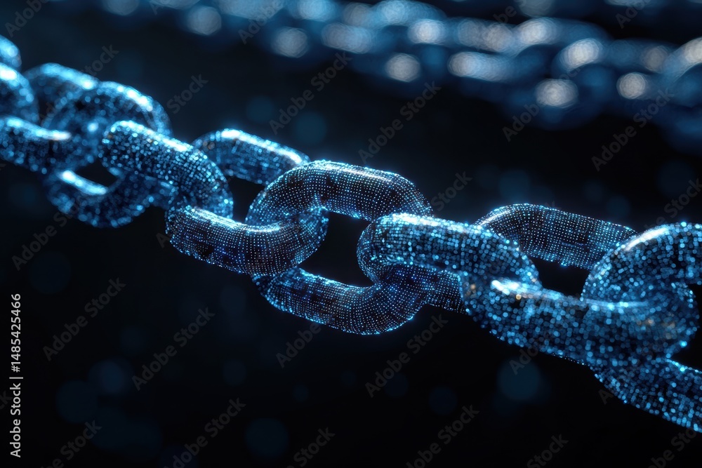 Poster creative abstract graphic layouts showcasing illuminated blue chain links in a digital environment