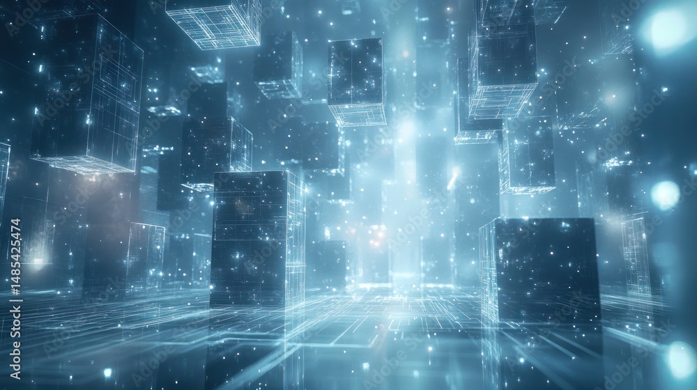 Poster abstract digital cubes cityscape, futuristic scene, possible use in tech background