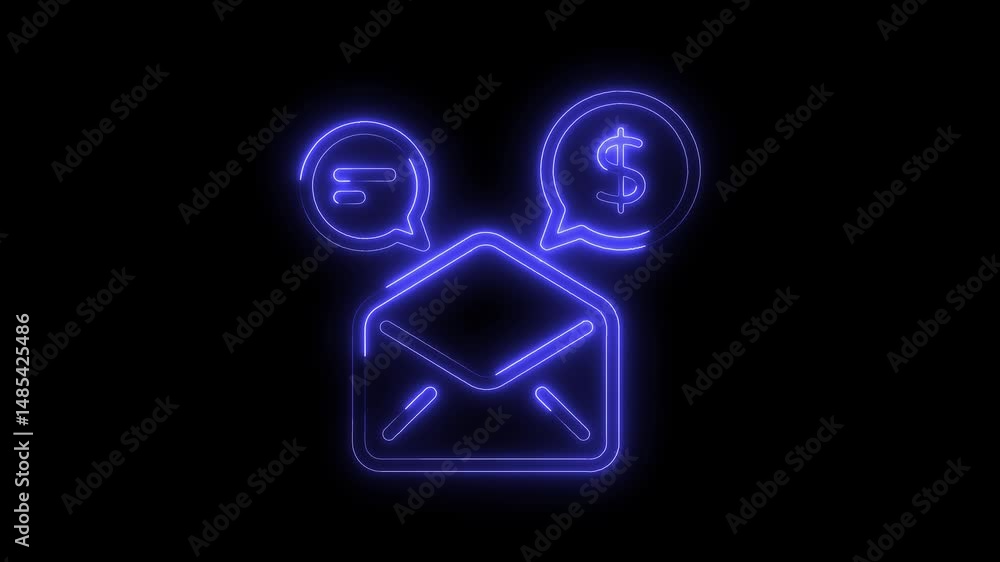 Poster neon email with speech bubbles including dollar sign and message symbols animation