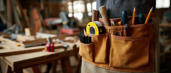 Closeup of Carpenters tool belt filled with tools in a woodworking shop, showcasing craftsmanship and carpentry skills Concept of construction, DIY, and home improvement