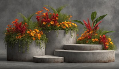 Rustic tiered planter display with vibrant flowers and greenery