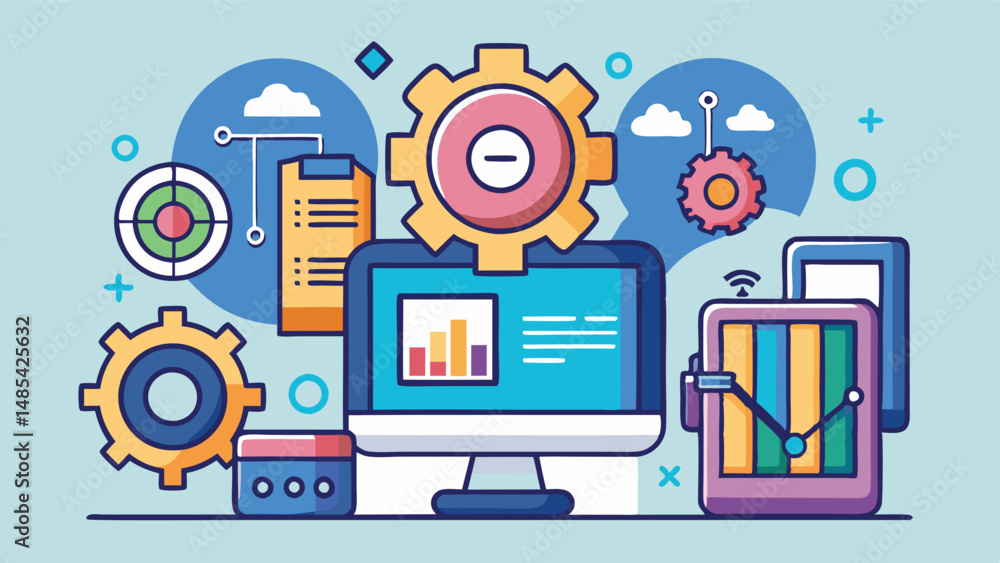 Poster creative vector illustration of a desktop computer with graphs, gears, and user interface elements r
