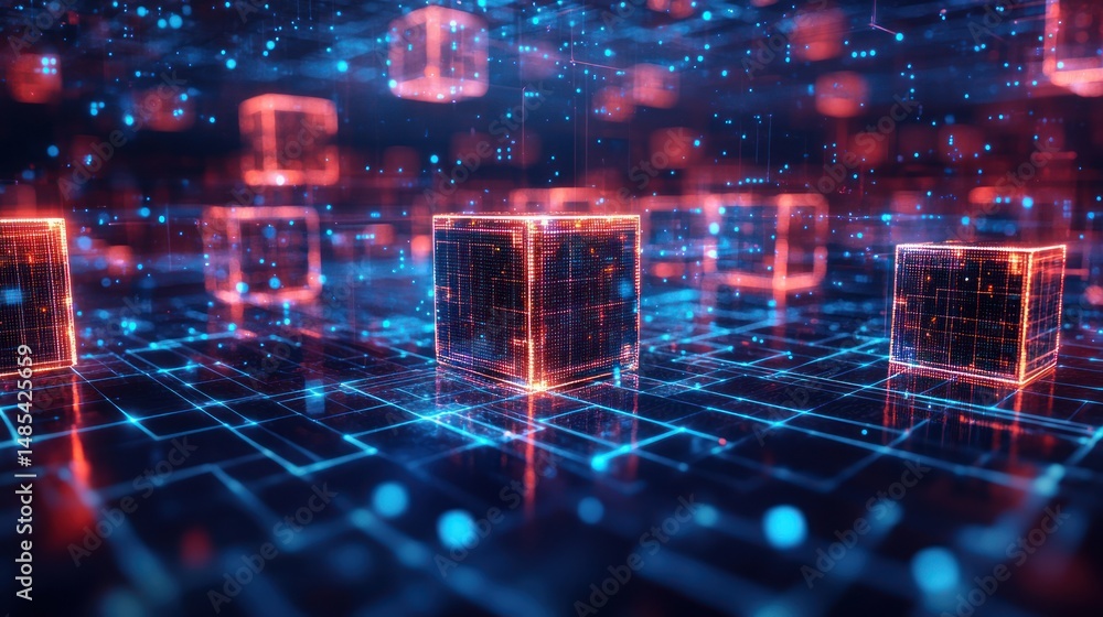 Poster abstract digital cubes network background, data flow