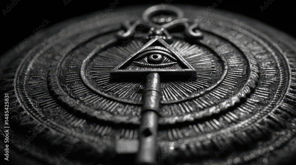 Poster close-up view of an intricate key and all-seeing eye symbol.