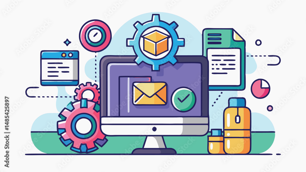 Poster creative vector illustration of a desktop computer with graphs, gears, and user interface elements r