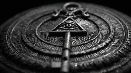 Close-up view of an intricate key and all-seeing eye symbol.