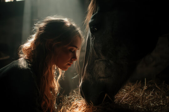 Woman petting horse in stable.