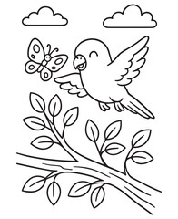 Coloring book parakeet flies happily near a butterfly above a leafy branch under fluffy clouds. 