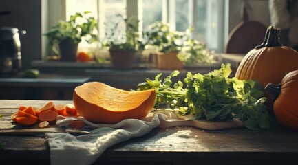 Sunlit kitchen counter with halved pumpkin, carrots, and herbs