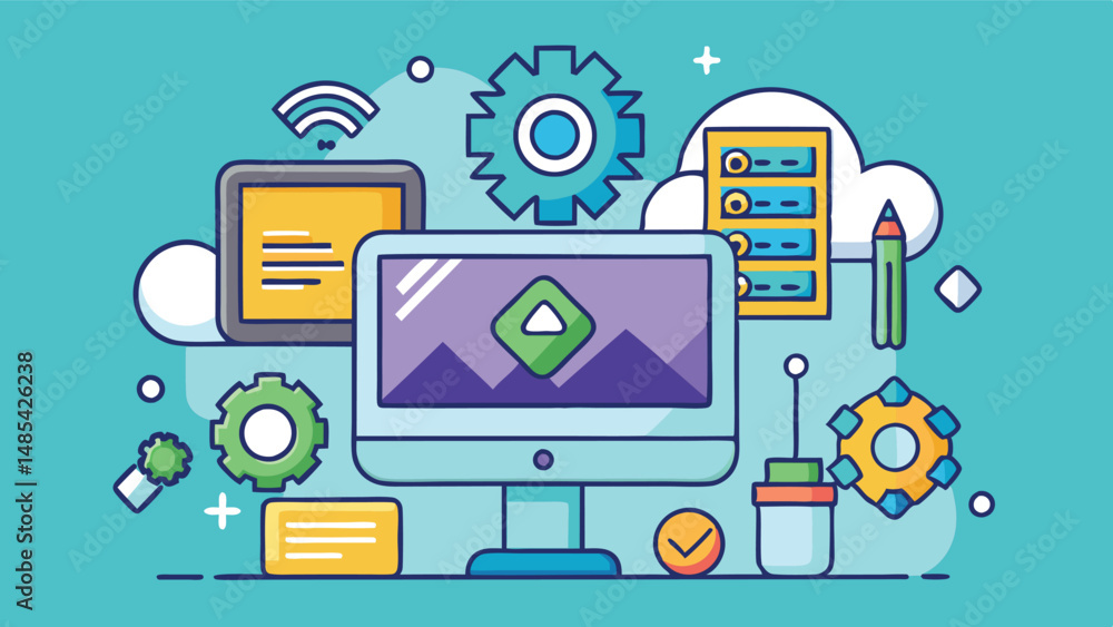 Aufkleber creative vector illustration of a desktop computer with graphs, gears, and user interface elements r