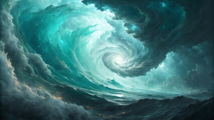 Dramatic abstract artwork depicting a swirling storm over ocean waves and cloudy skies.