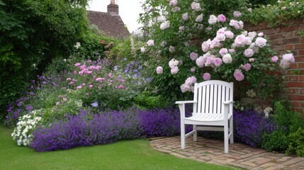 Serene Garden with White Chair and Blooming Roses