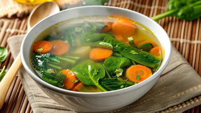 Enjoy a vibrant mix of fresh carrots and greens simmering in a flavorful broth, perfect for a healthy meal anytime