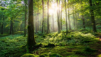 Obraz premium lush green forest wallpaper background with sunlight filtering through trees