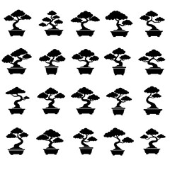 Bonsai Trees Harmony: A collection of exquisitely styled Bonsai trees, elegantly presented in black and white silhouette, symbolizing serenity and the art of cultivation.