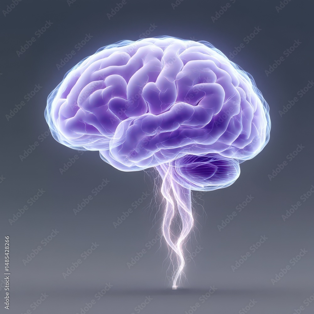 Poster a visually stunning depiction of a neural network represented by a purple brain emitting luminous en