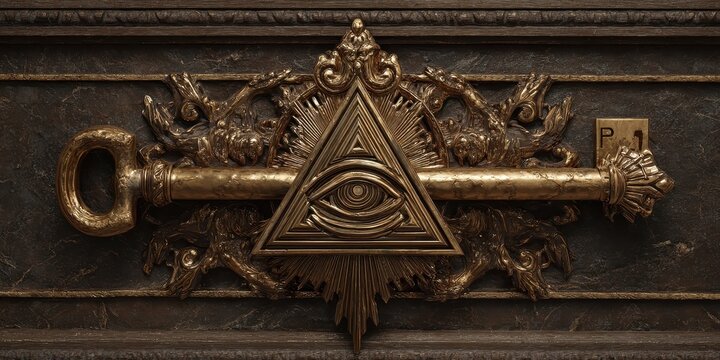 Ornate golden key and all-seeing eye emblem - Powered by Adobe