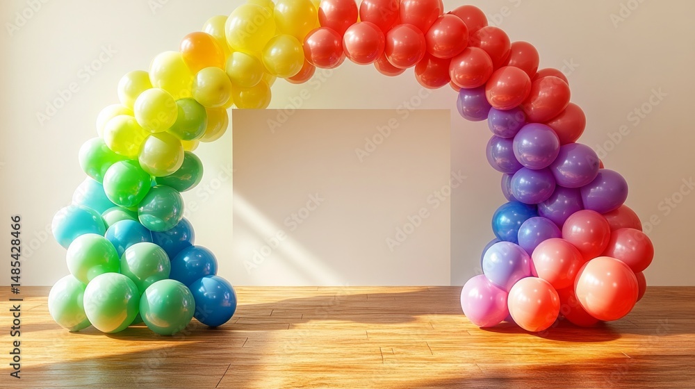 Poster a colorful archway made of balloons is set up in front of a white background