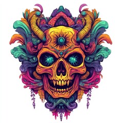 Vibrant skull design surrounded by ornate floral and decorative elements.