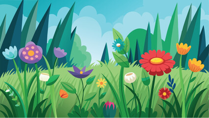 Colorful garden filled with vibrant flowers and greenery in a bright landscape during a sunny day