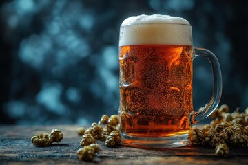 Refreshing glass of amber beer with hops on a rustic wooden table