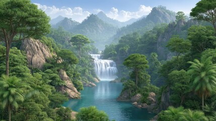 Serene Tropical Waterfall Landscape Turquoise River, Lush Greenery, and Majestic Mountains