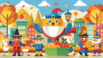 Obraz premium Colorful vector illustration of a festive parade featuring whimsical characters in a vibrant autumn landscape with a castle backdrop and playful fall decorations