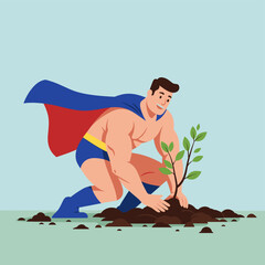 Superhero planting tree illustration
