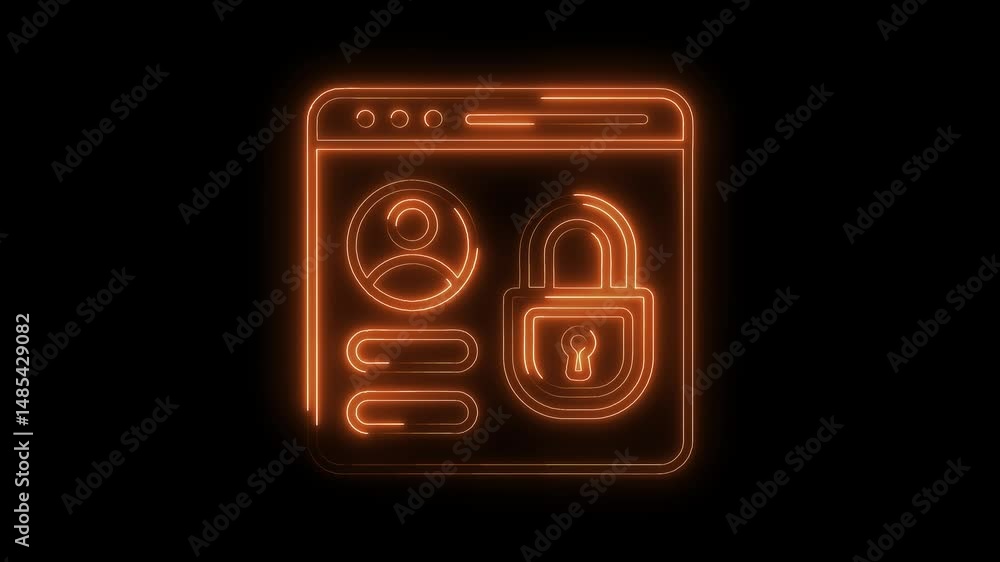 Poster neon style user account security concept with glowing padlock on black background animation
