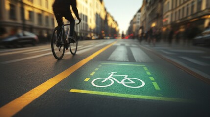 A person is riding a bicycle down a street with a green bike symbol on the road