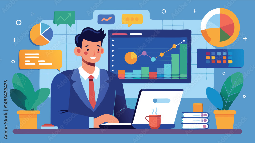 Leinwandbilder business professional working on a laptop in a modern office setting with charts and graphs displaye