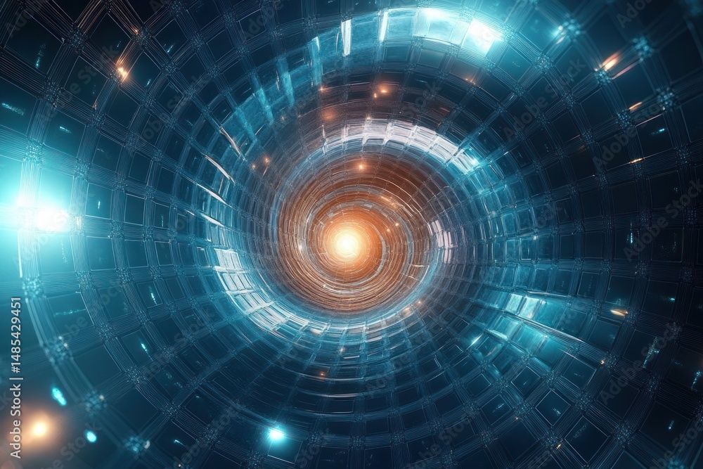 Poster futuristic glowing spiral tunnel with complex grid structure and bright light at the center emitting