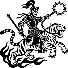 Fototapeta premium Tattoo Style Vector of a Sorcerer Knight on a Tiger – Traditional Black and White Design