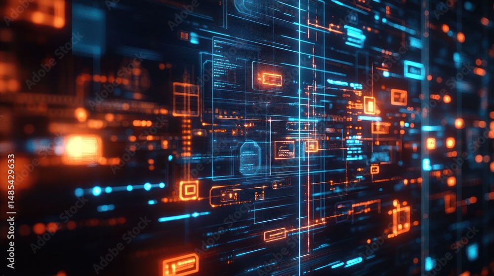 Poster abstract digital wall interface, glowing data. possible stock image use