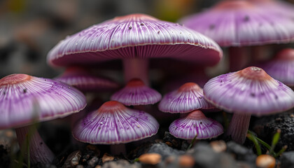 delicate macro shot of velvety violet mushrooms, detailed textures with soft bokeh background, realistic. with white shades