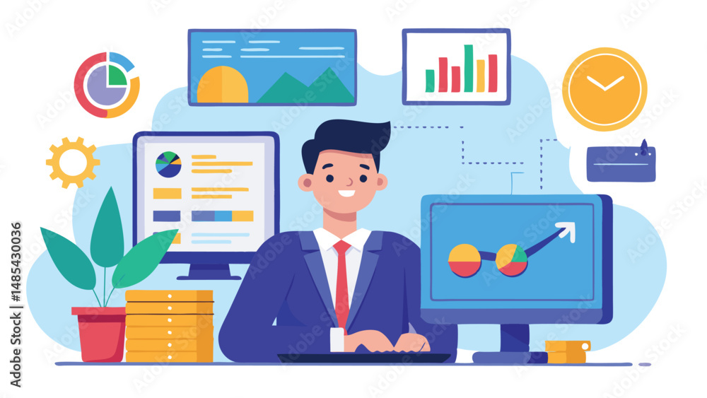Leinwandbilder business professional working on a laptop in a modern office setting with charts and graphs displaye