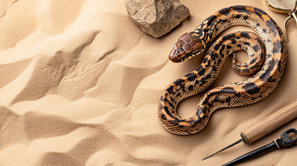 Fototapeta premium Close up of desert snake resting on sandy terrain, surrounded by natural elements, evokes sense of tranquility and curiosity