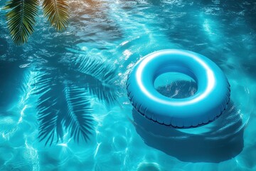 Bright blue inflatable pool float resting in sparkling water under sunny skies